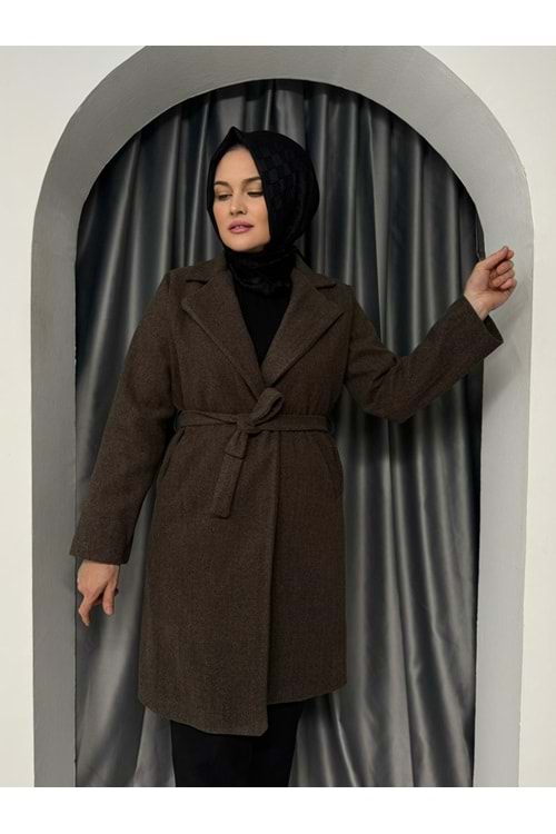 İthal Belden Bağlamalı Kaşe Kaban 7218 - Kahve Rengi - 36