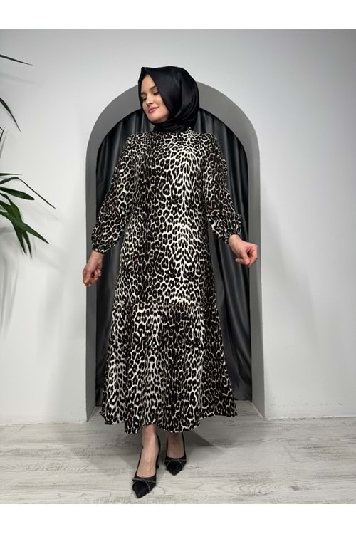 Bağlamalı Leopar Desenli Elbise 1641 - Kahve Rengi - 42-44 - AZRA05271-43646