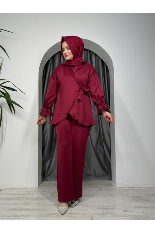 Bağlamalı Kolları Büzgülü Takım 6041 - Bordo - S - AZRA05277-43751