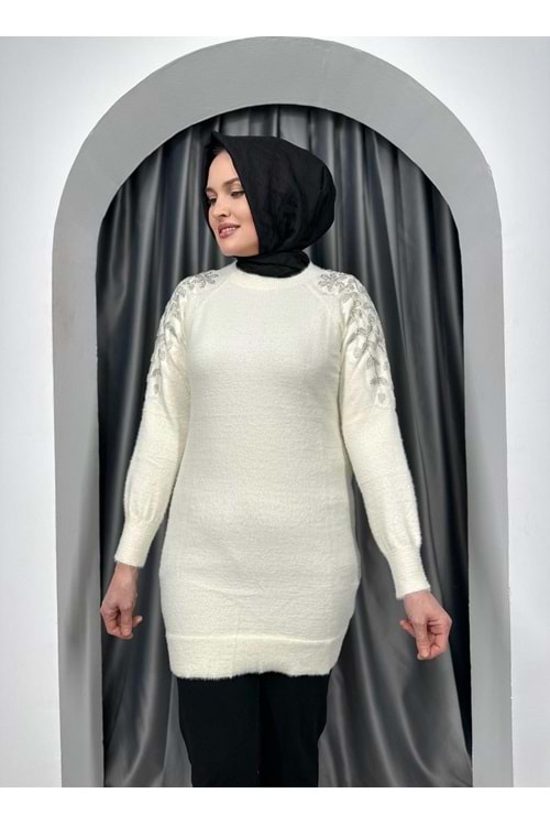 Omuz Detay Taşlı Tunik 140308 - Krem - TEK BEDEN - AZRA05328-44389