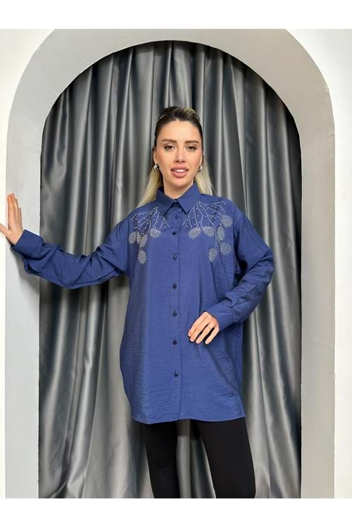İşlemeli Boncuklu Gömlek 671 - Mavi - L-XL - AZRA05339-44459