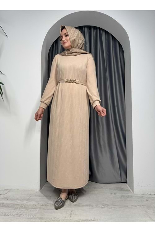 Fitilli Kemerli Elbise 0950 - Bej - L-XL - AZRA05361-44793