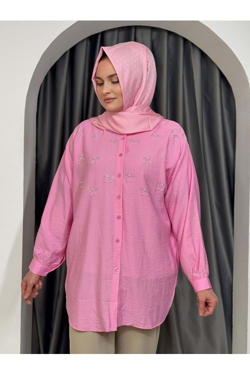 Önü Fiyonk Taşlı Gömlek 25729 - Pembe - M - AZRA05405-45178