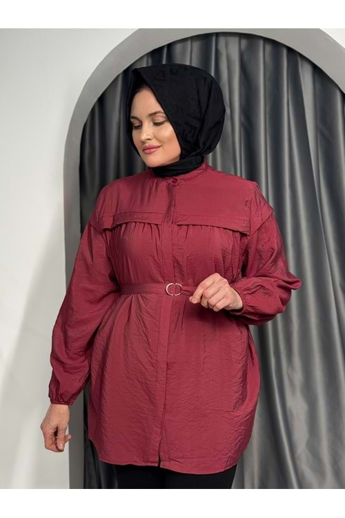 Önü Robalı Kolları Lastikli Gömlek 25852 - Bordo - L - AZRA05414-45345