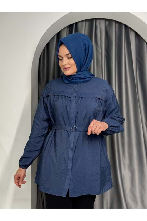 Önü Robalı Kolları Lastikli Gömlek 25852 - Lacivert - L - AZRA05414-45349