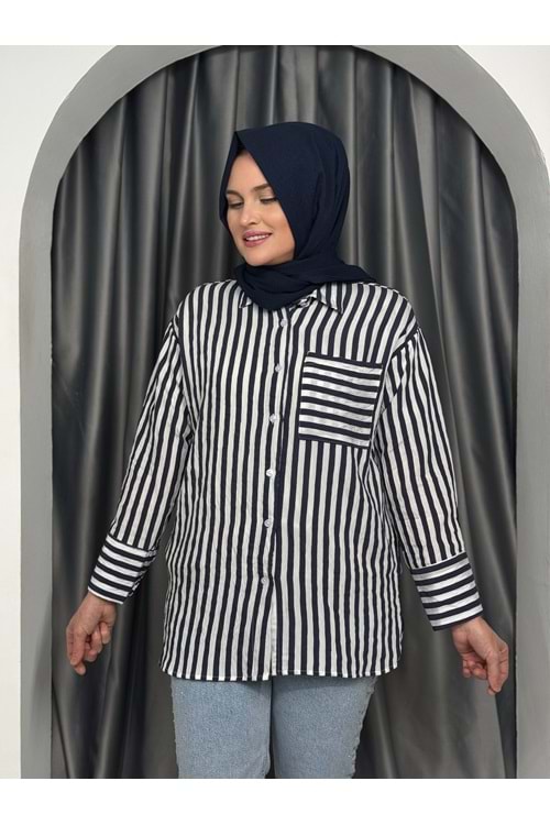 Çizgili Modal Kumaş Tek Cepli Gömlek 25722 - Lacivert - L - AZRA05416-45373