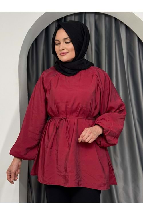 Kolları Balon Kemerli Gömlek 25854 - Bordo - L - AZRA05418-45387