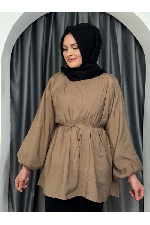 Kolları Balon Kemerli Gömlek 25854 - Camel - L - AZRA05418-45391