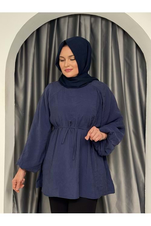 Kolları Balon Kemerli Gömlek 25854 - Lacivert - L - AZRA05418-45395