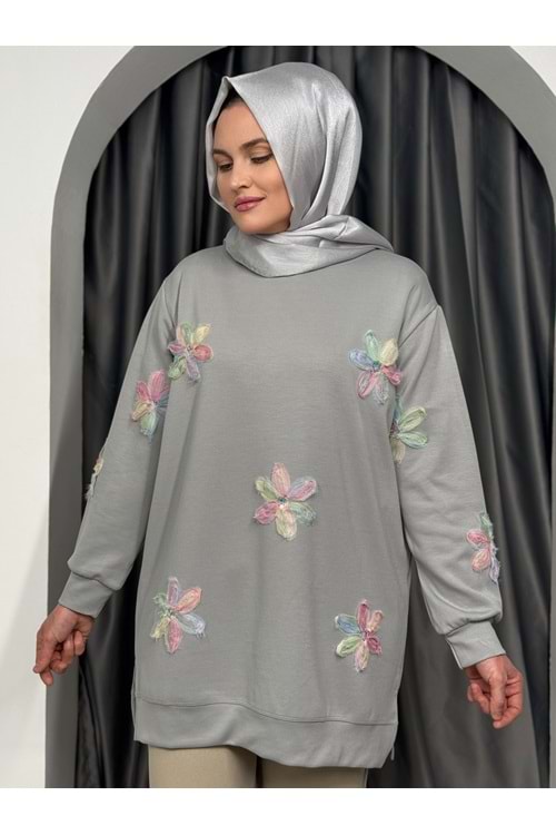 Çiçek Detaylı Oysho Tunik 25826 - Gri - L - AZRA05419-45412