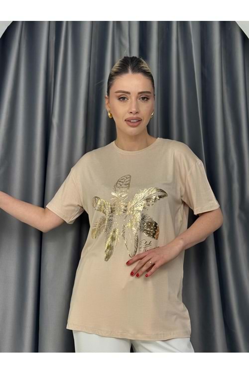 Yaprak Desen Varaklı T-shirt 1107 - Bej - L - AZRA05641-46438