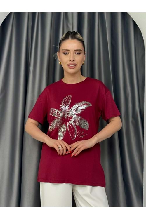 Yaprak Desen Varaklı T-shirt 1107 - Bordo - L - AZRA05641-46446