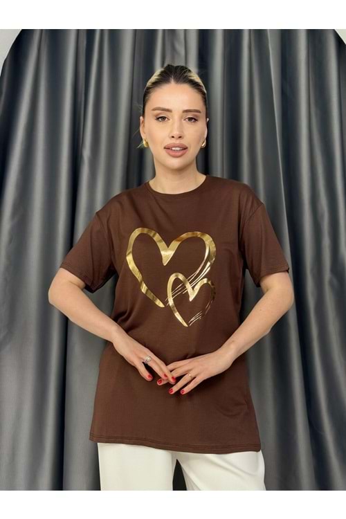 Kalpli Varaklı T-shirt 1108 - Acı Kahve - L - AZRA05642-46459