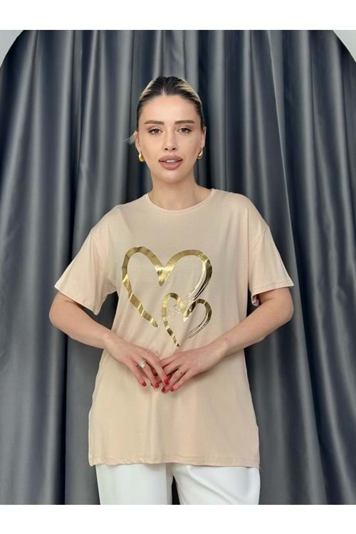 Kalpli Varaklı T-shirt 1108 - Bej - L - AZRA05642-46463