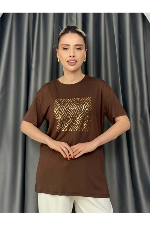 Zebra Desen Varaklı T-shirt 1109 - Acı Kahve - L - AZRA05643-46484