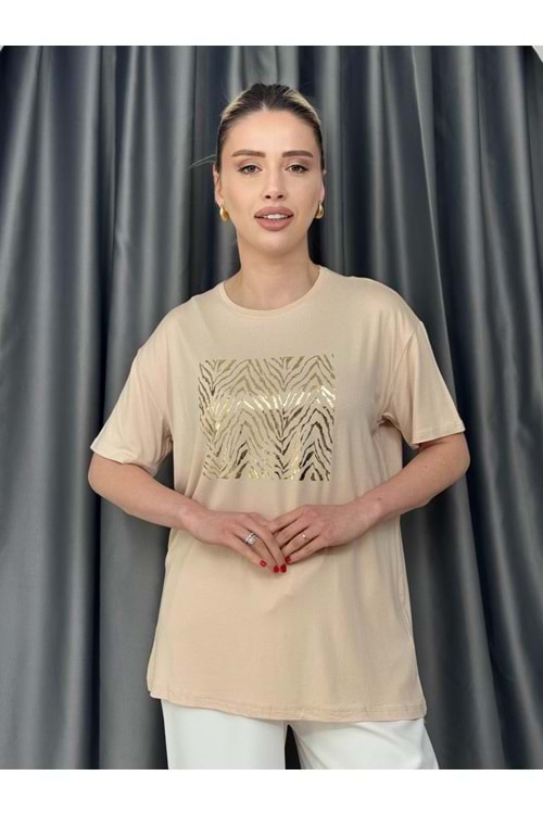 Zebra Desen Varaklı T-shirt 1109 - Bej - L - AZRA05643-46488