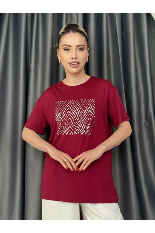 Zebra Desen Varaklı T-shirt 1109 - Bordo - L - AZRA05643-46496