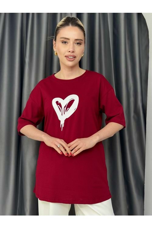 Kalp Baskılı T-shirt 2406 - Bordo - L-XL - AZRA05644-46511