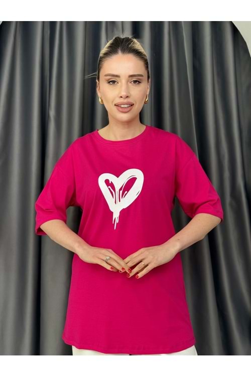 Kalp Baskılı T-shirt 2406 - Fuşya - L-XL - AZRA05644-46513