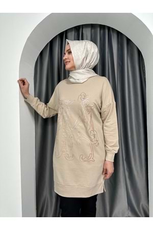 Puane Önü Çiçek Detaylı Tunik 10448 - Sütlü Kahve - S-M - AZRA04211-Sütlü Kahve-S-M