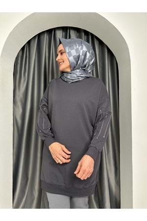 Kolları Taş Detaylı İki İplik Tunik 25156 - Füme - S-M