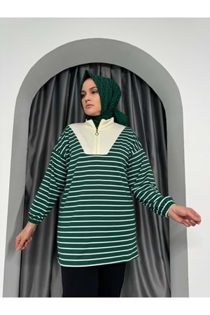 Yarım Fermuarlı Modal Çizgili Tunik 736 KS11 - Yeşil - S-M - AZRA04980-Yeşil-S-M