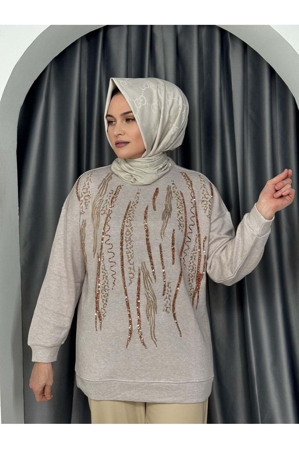 İkoll Zebra ve Nakışlı Kazak 31466 - Taş - TEK BEDEN