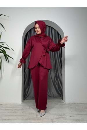 Bağlamalı Kolları Büzgülü Takım 6041 - Bordo - S - AZRA05277-43751