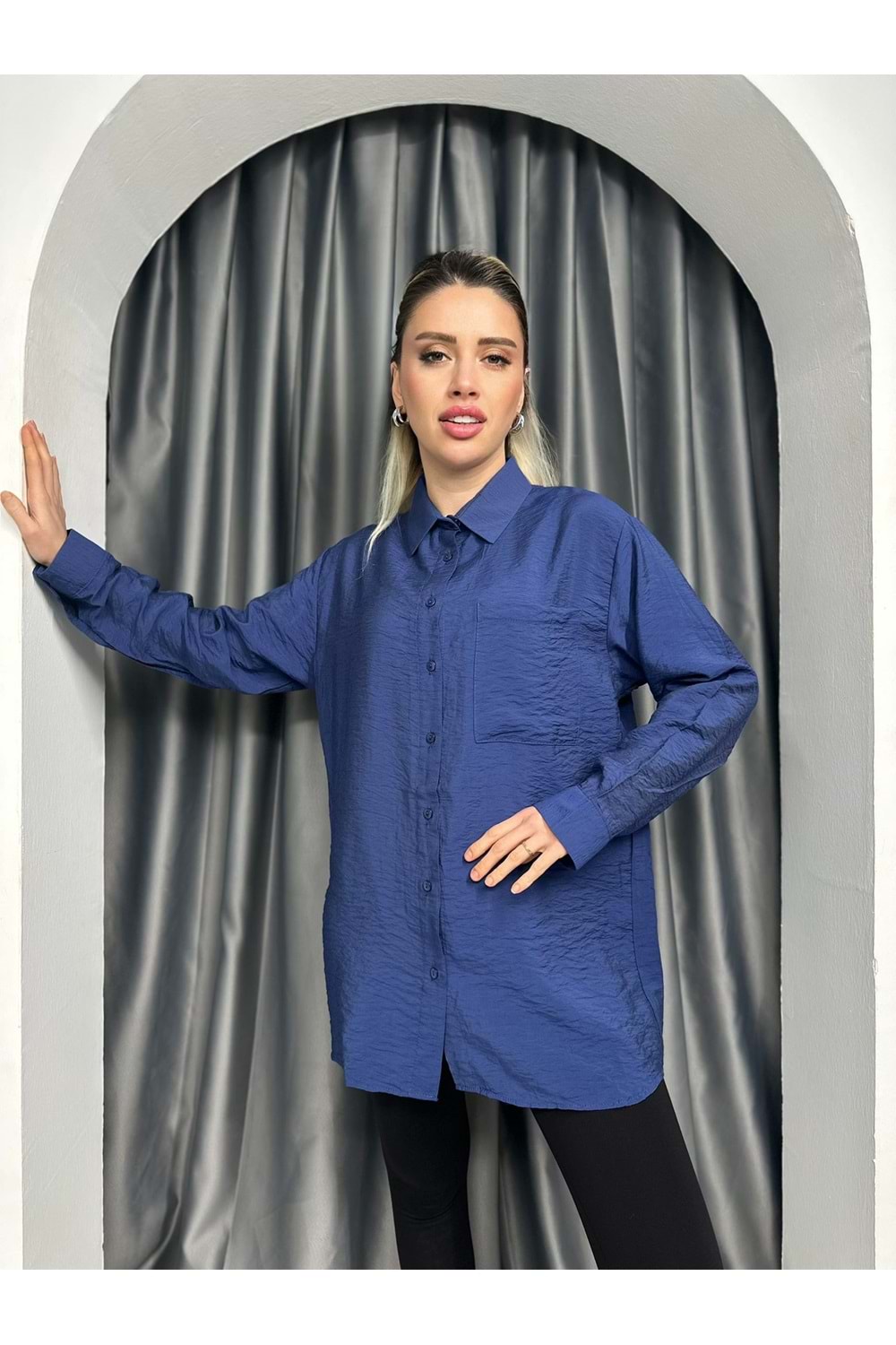 Rita Oversize Tek Cepli Gömlek 688 - Lacivert - S-M - AZRA05341-44480