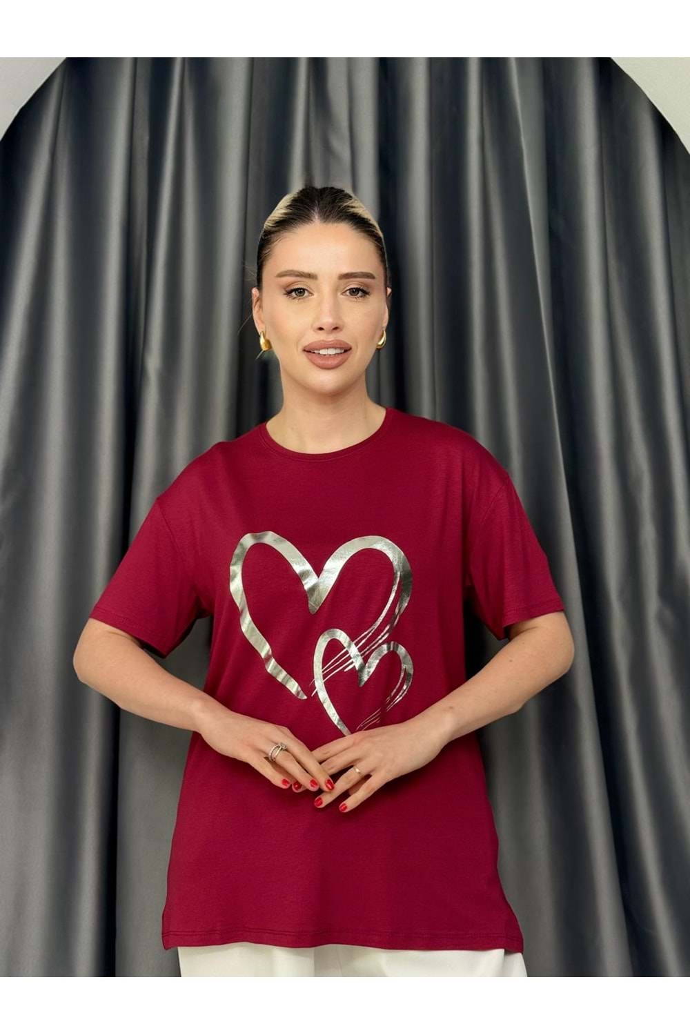 Kalpli Varaklı T-shirt 1108 - Bordo - L - AZRA05642-46471