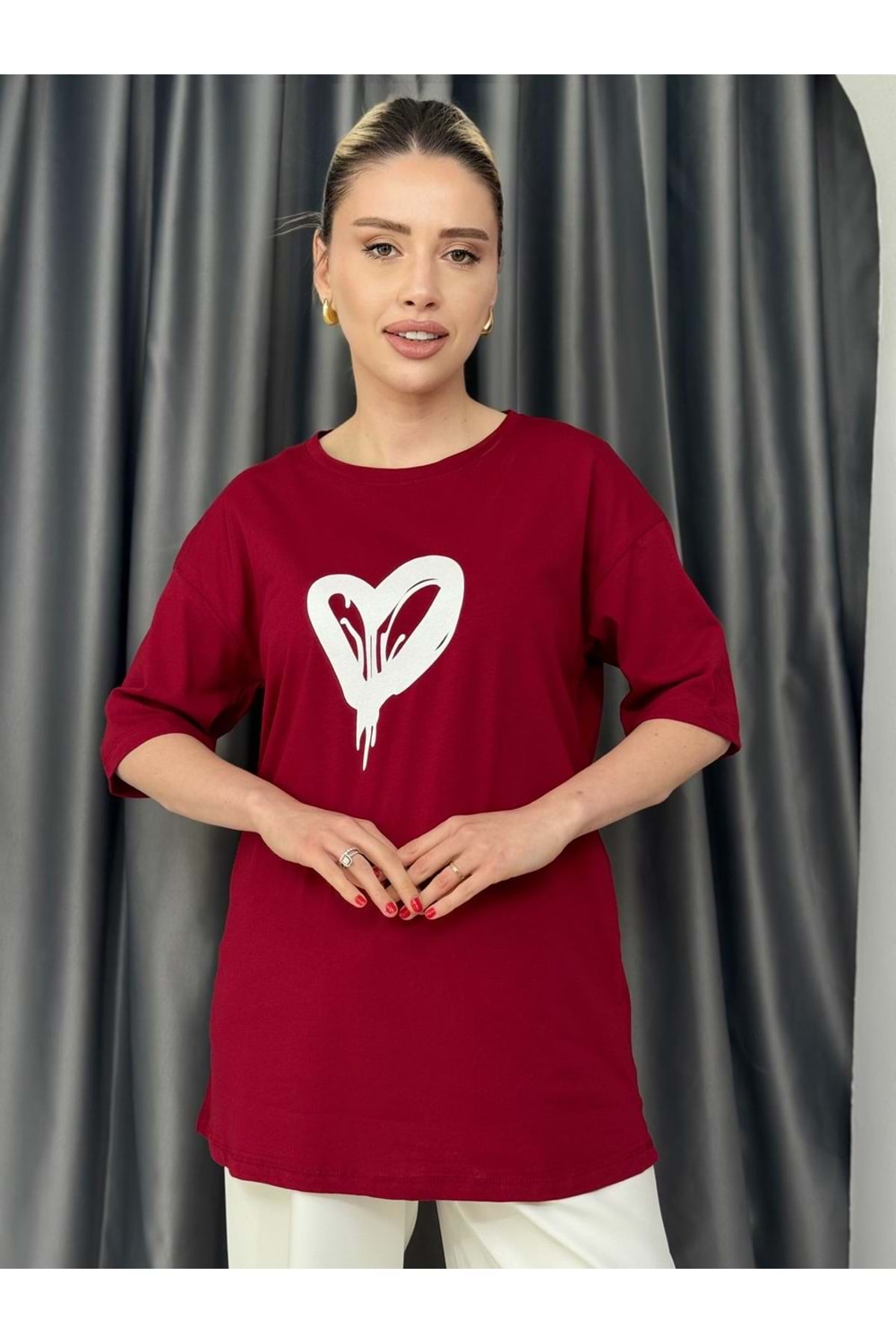 Kalp Baskılı T-shirt 2406 - Bordo - L-XL - AZRA05644-46511